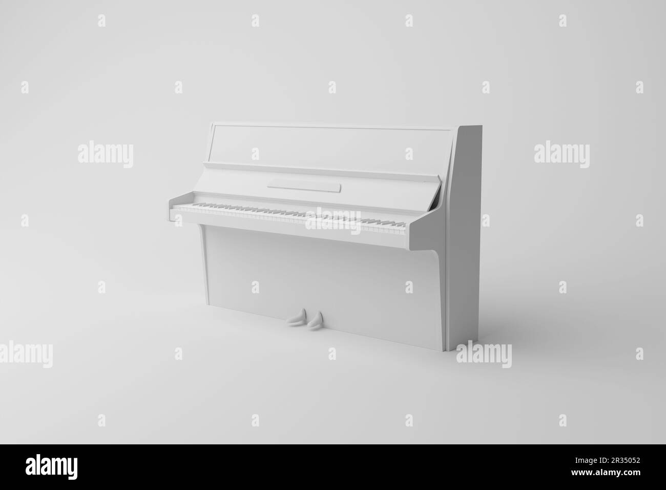 Pianoforte verticale bianco su sfondo bianco con ombra in scala di grigi monocromatico. Illustrazione del concetto di strumenti musicali e musicisti Foto Stock