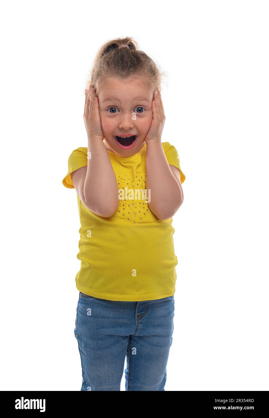 Sorpresa bambina isolata su bianco. Foto Stock