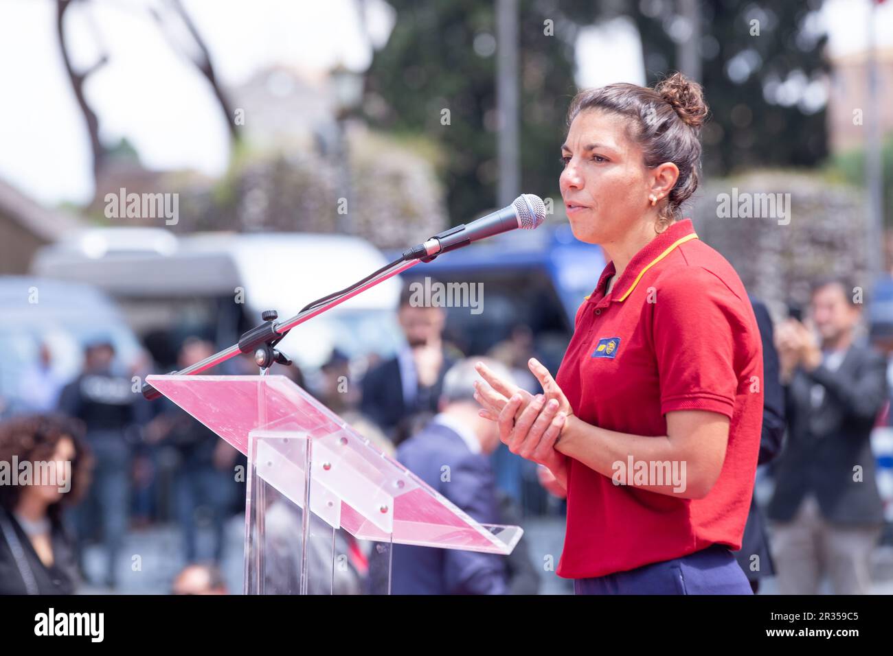 Roma, Italia. 22nd maggio, 2023. COME parla il capitano della squadra di calcio femminile Rom Elisa Bartoli durante la cerimonia di premiazione in Piazza del Campidoglio a Roma (Foto di Matteo Nardone/Pacific Press/Sipa USA) Credit: Sipa USA/Alamy Live News Foto Stock