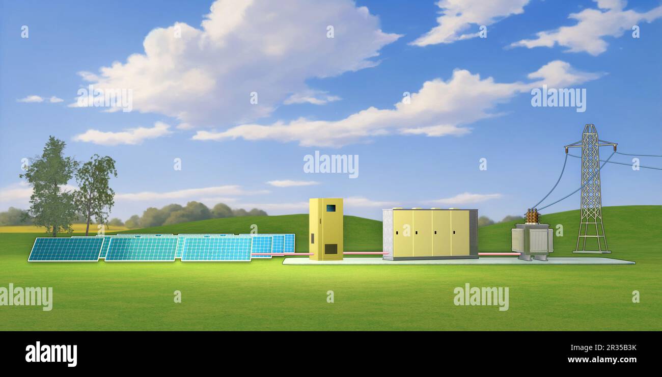 Schema dell'impianto di energia solare comprendente un inverter, una batteria e un trasformatore. Illustrazione digitale, rendering 3D. Foto Stock