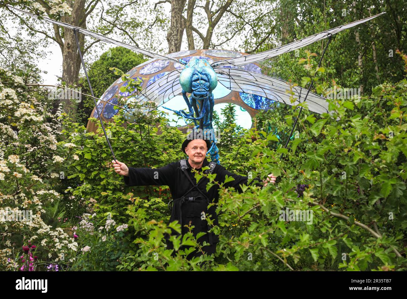 Londra, Regno Unito. 22nd maggio, 2023. Gli insetti giganti volano, si insinuano e strisciano attraverso il giardino, esplorando le sue piante e gli habitat che non fanno insetti. I burattini più grandi della vita, eseguiti dal Teatro Fetch, raffigurano una libellula, formica, calabrone e scarabeo di rinoceronte nel Giardino della Royal Entomological Society. Giornata stampa all'annuale RHS Chelsea Flower Show, che propone disegni di giardini, prodotti, mostre floreali e tutto ciò che riguarda l'orticoltura dal 23 al 27 maggio. Credit: Imageplotter/Alamy Live News Foto Stock