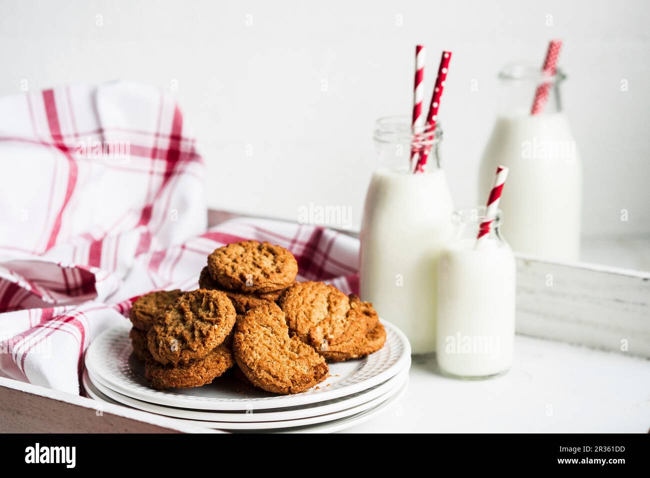 Biscotti alla farina d'avena e bottiglie di latte su un vassoio di legno bianco Foto Stock