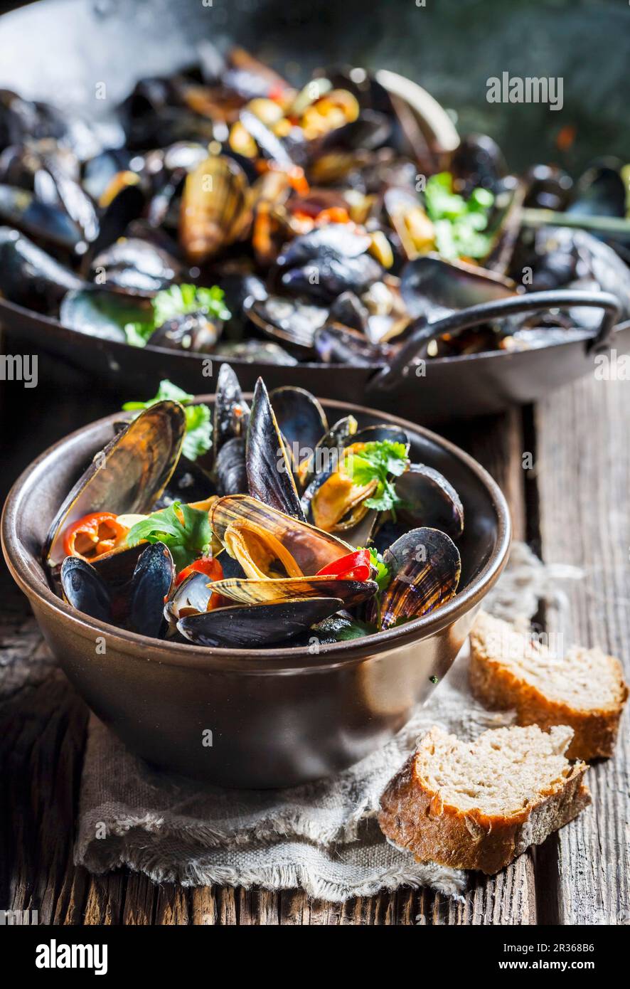 Cozze con aglio e peperoncini serviti con pane Foto Stock