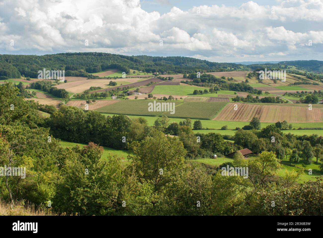 Vista panoramica da una collina chiamata Einkorn, Schwaebisch Hall, Germania Foto Stock