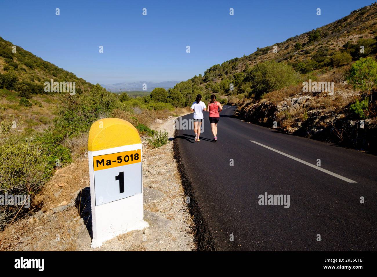 Carretera de randa a Cura, macizo de Randa, Algaida, Maiorca, isole Baleari, Spagna, Europa. Foto Stock