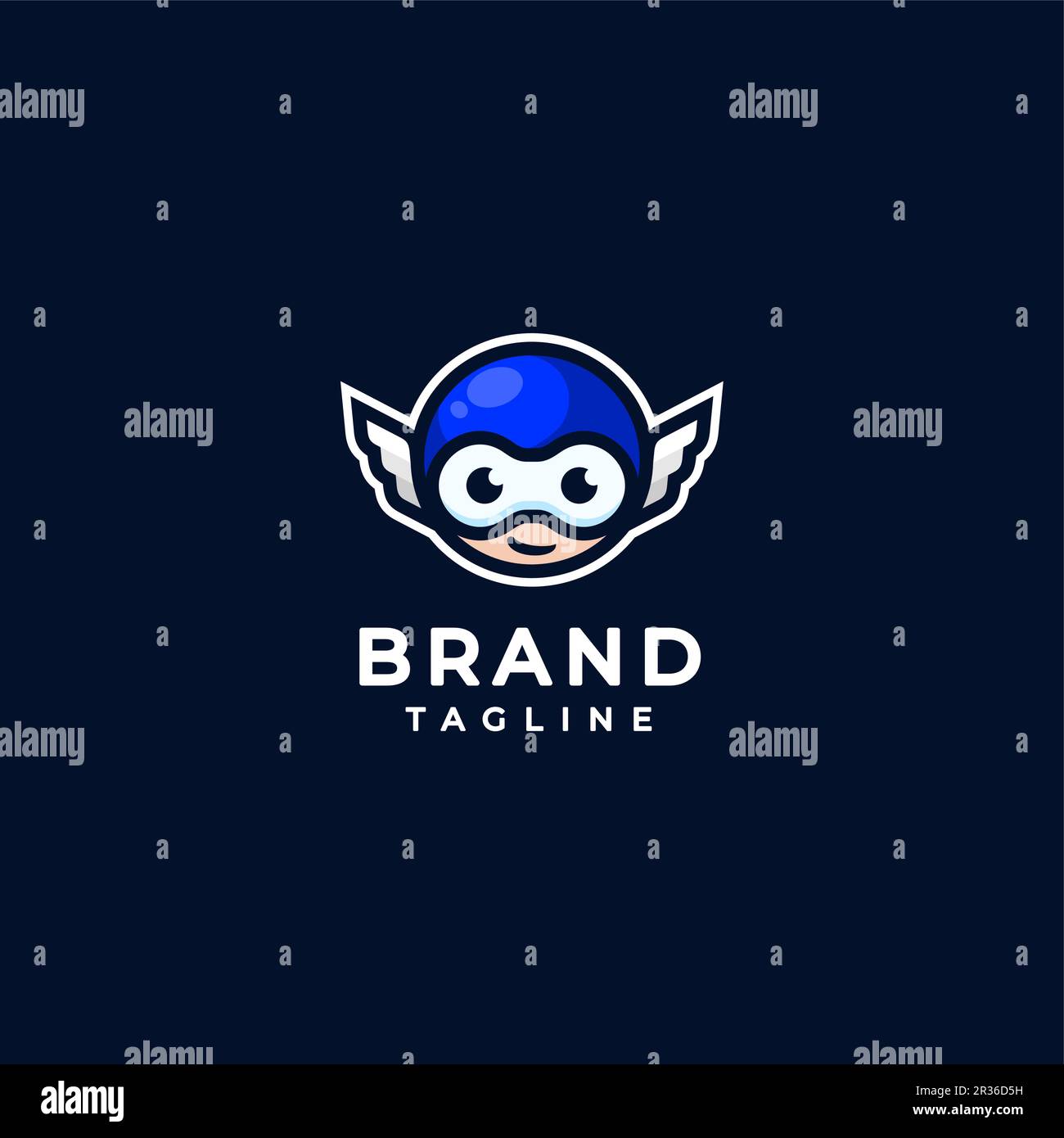 Ragazzo carino con maschera blu e logo ala design. Cute Boys Head Mascot Design con accenti Wing. Grazioso design da ragazzo con maschera blu e dettagli ad ala. Illustrazione Vettoriale