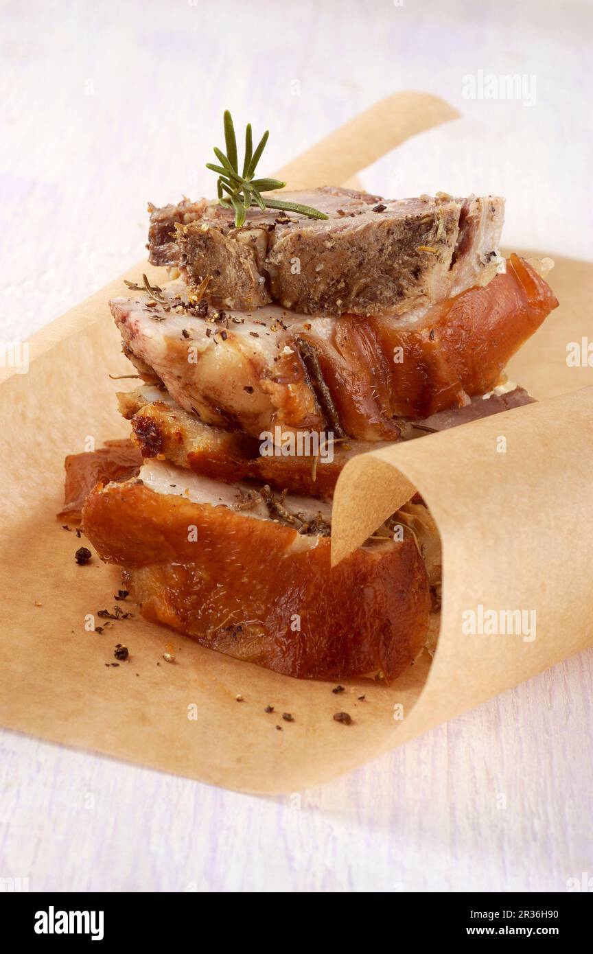 Porchetta di Ariccia (arrosto di maiale specialità di Ariccia, Lazio, l'Italia) Foto Stock