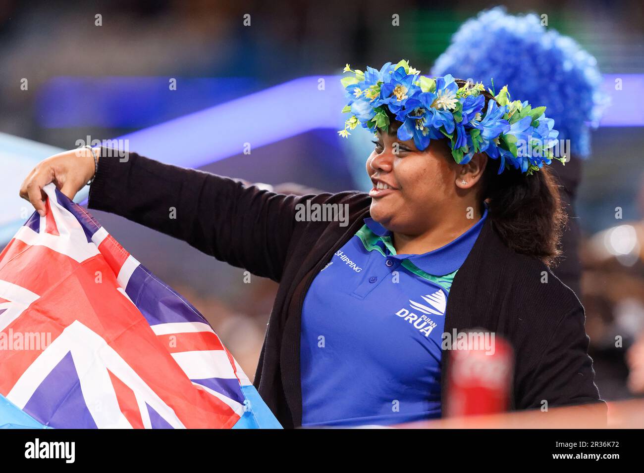 I tifosi delle Fiji mostrano il loro sostegno durante la partita internazionale delle donne di rugby tra Australia e Figi allo stadio Allianz il 20 maggio 2023 a Sydney, A. Foto Stock