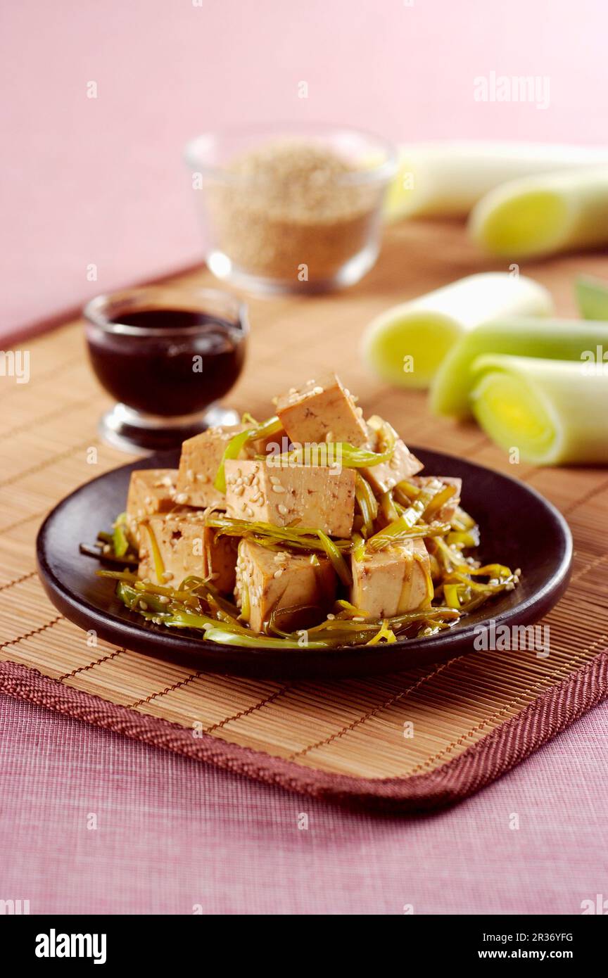 Tofu asiatico con porro, semi di sesamo e salsa di soia Foto Stock