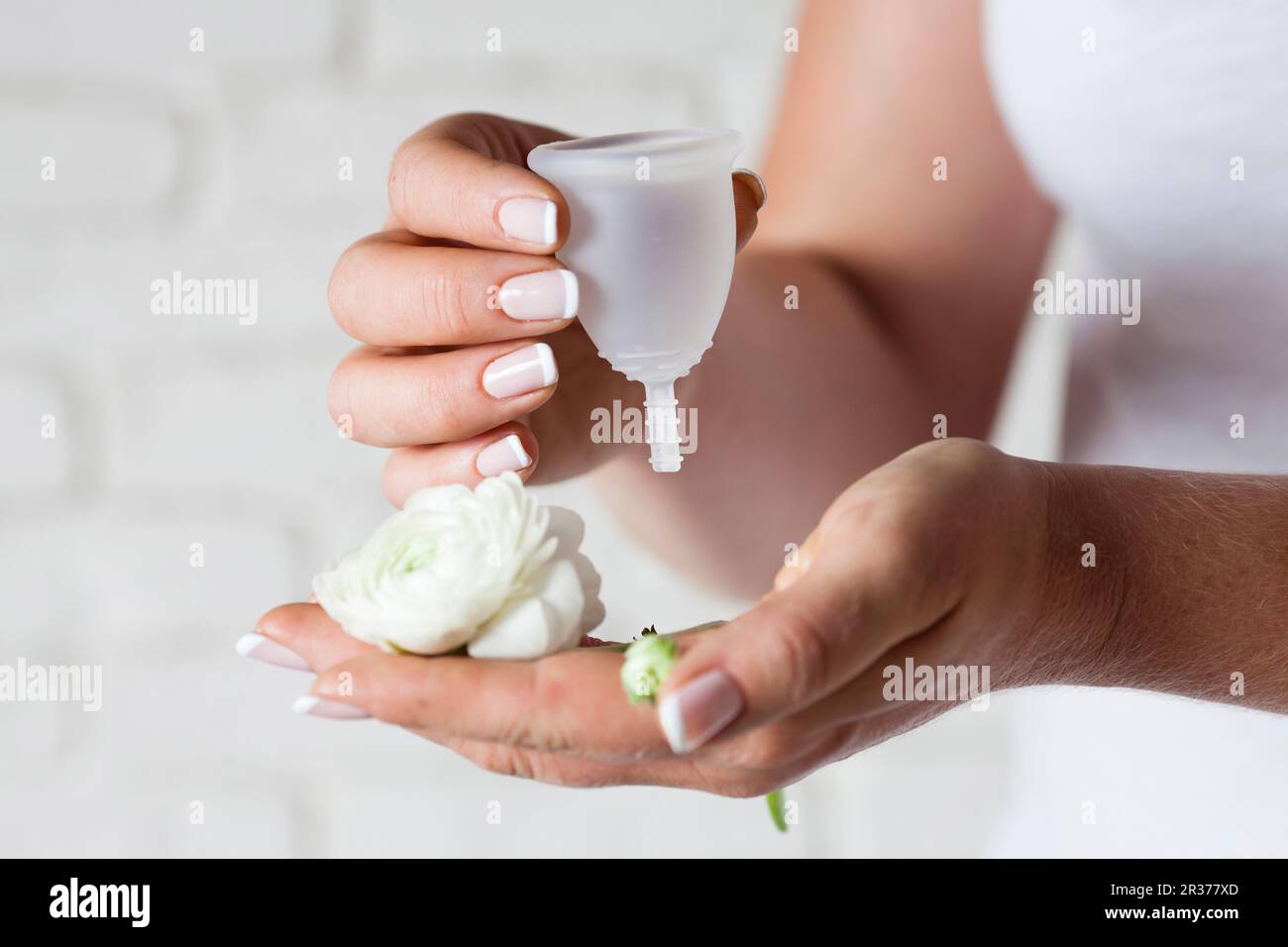 Coppa mestruale in mani femminili Foto Stock