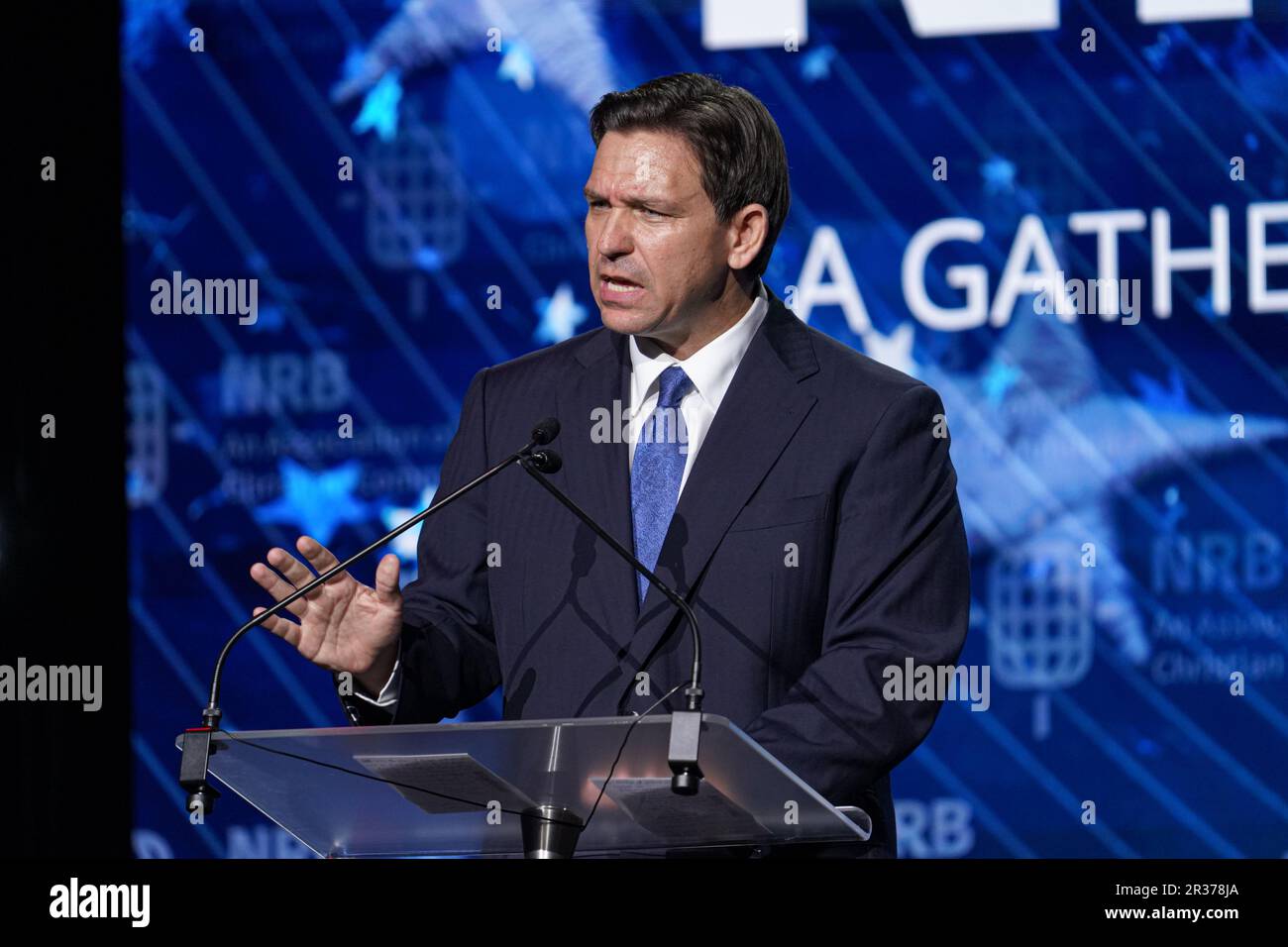Orlando, Florida, USA, 22 maggio 2023, Il governatore della Florida Ron DeSantis parla durante la Convention NRB del 2023 al Marriott World Center di Orlando, Florida. (Photo Credit: Marty Jean-Louis/Alamy Live News Foto Stock