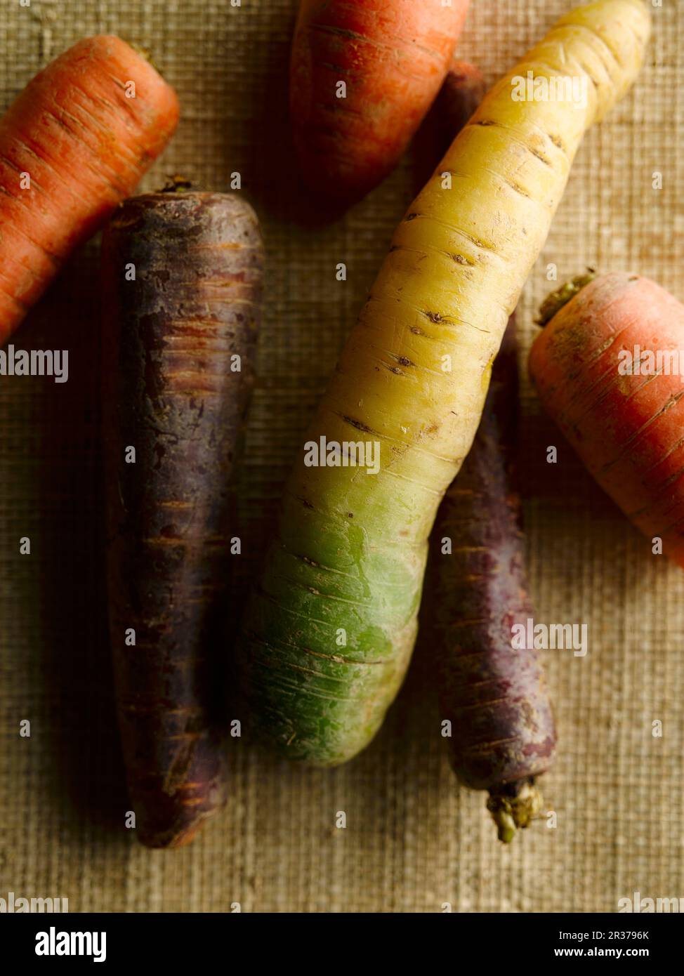 Diverse varietà di carote su un panno di iuta Foto Stock