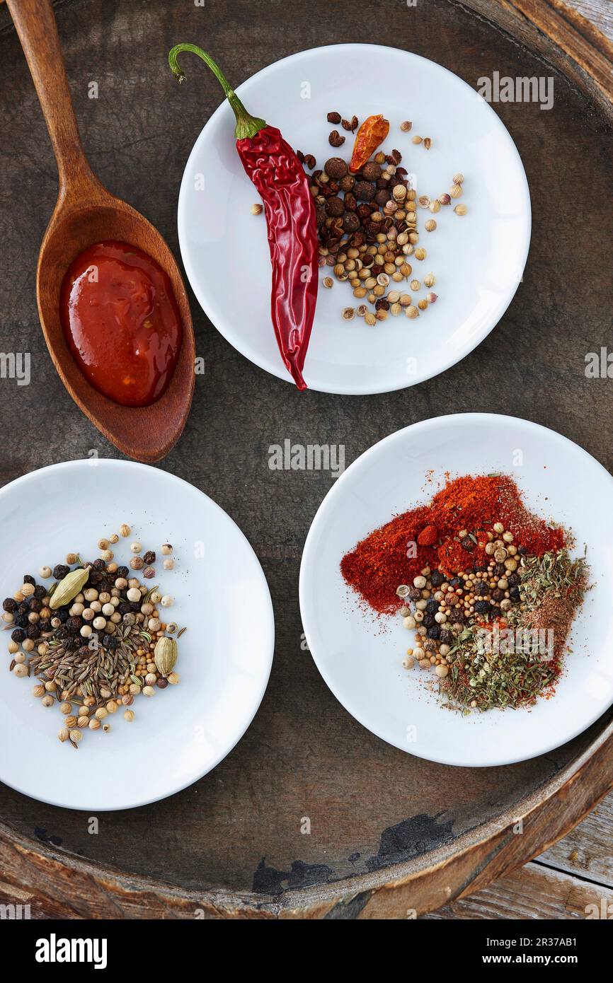 Tre miscele di spezie e un cucchiaio di salsa al barbecue Foto Stock