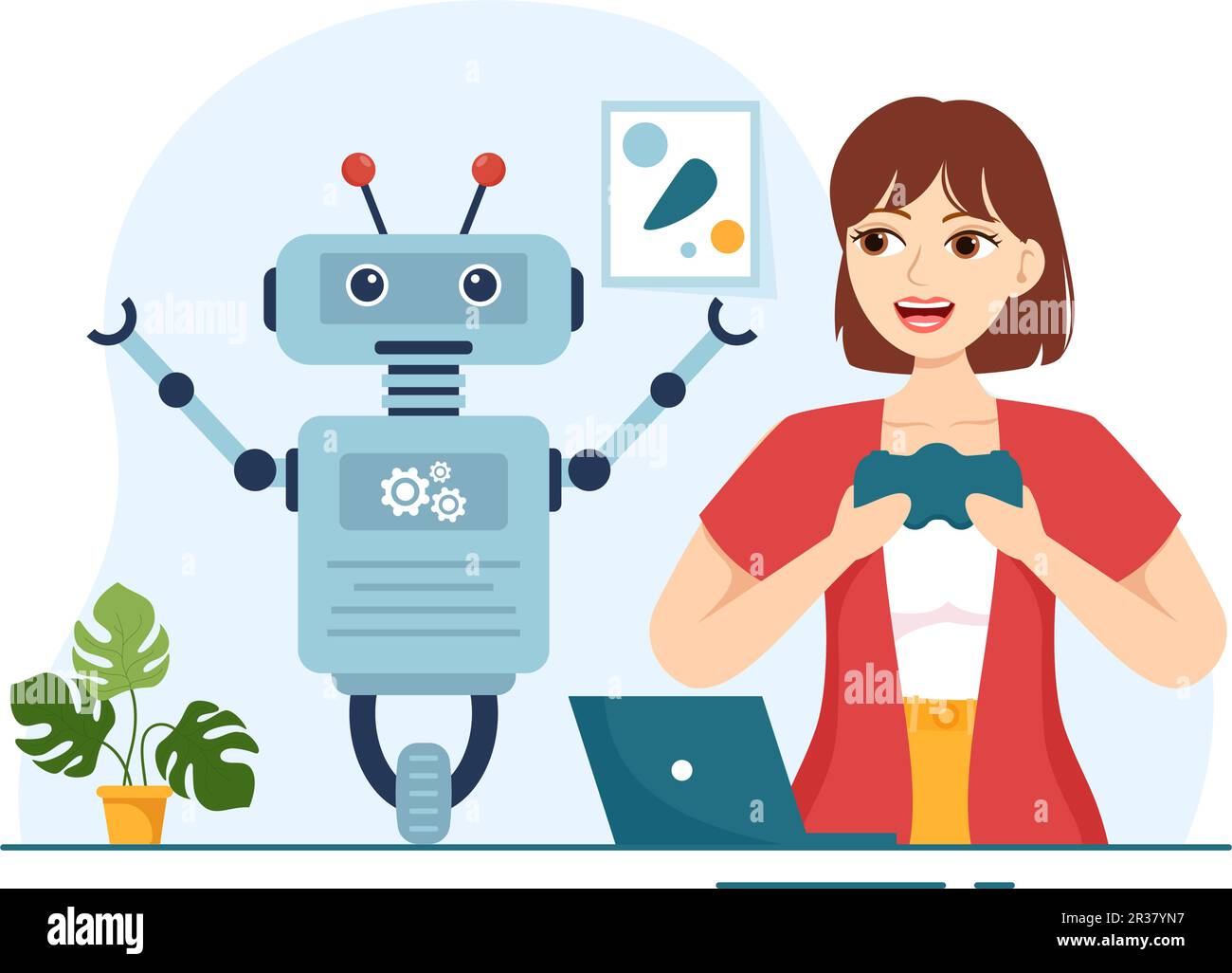 Illustrazione vettoriale della scuola di robotica con il progetto robotico giovanile per la programmazione e l'ingegneria del robot in modelli di landing page disegnati a mano su Cartoon Illustrazione Vettoriale