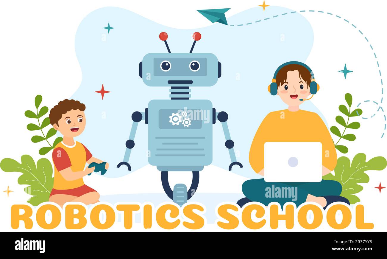 Illustrazione vettoriale della scuola di robotica con bambini progetto robotico per la programmazione e l'ingegneria robot in cartoon piano modelli di landing page disegnati a mano Illustrazione Vettoriale