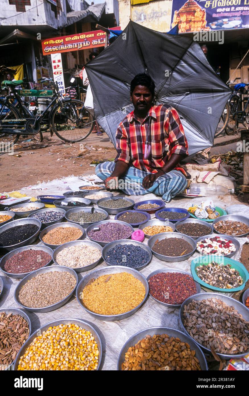 Un uomo che vende varietà di semi tradizionali in un mercato di villaggio, Tamil Nadu, India del Sud, India, Asia Foto Stock