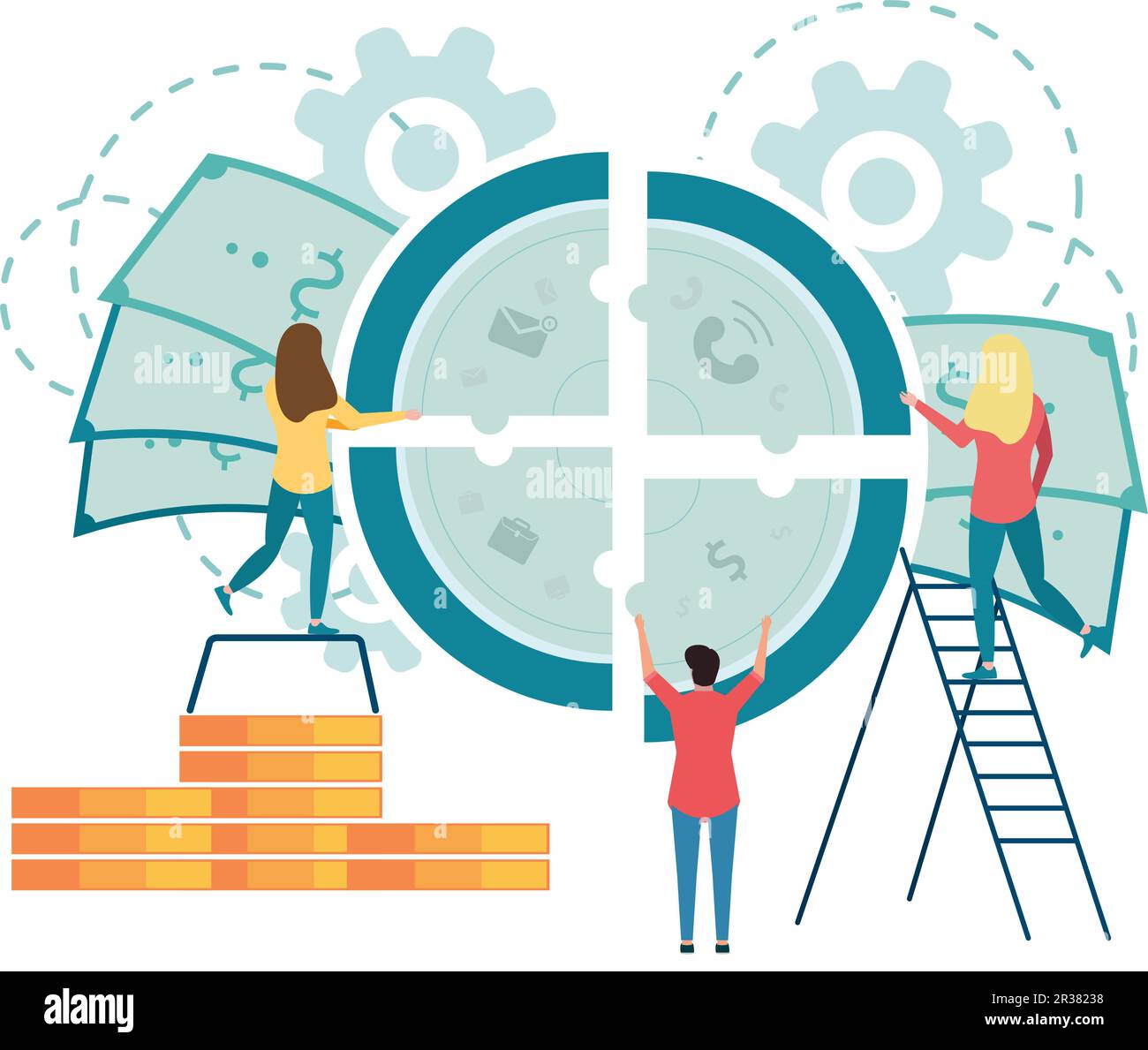 Le persone raccolgono ore di lavoro da puzzle. I puzzle mostrano le loro attività. Illustrazione Vettoriale