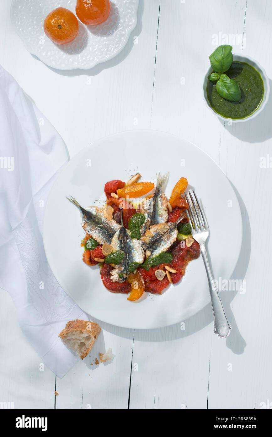 Sardine tiedes au pistou (filetti di sardine caldi con crema al basilico, Francia meridionale) Foto Stock