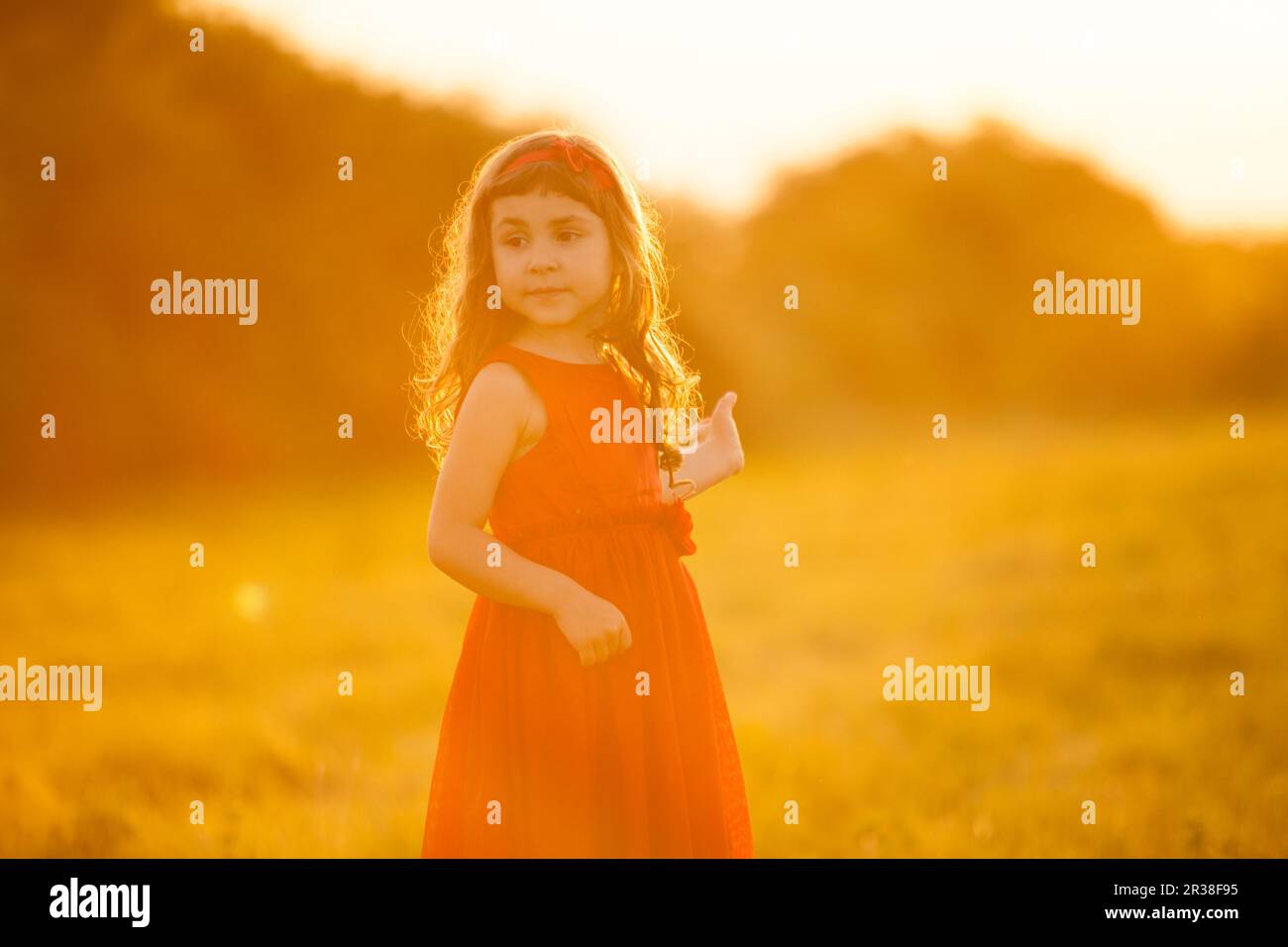 Bella 5 anni ragazza in serata della luce del sole. Foto Stock