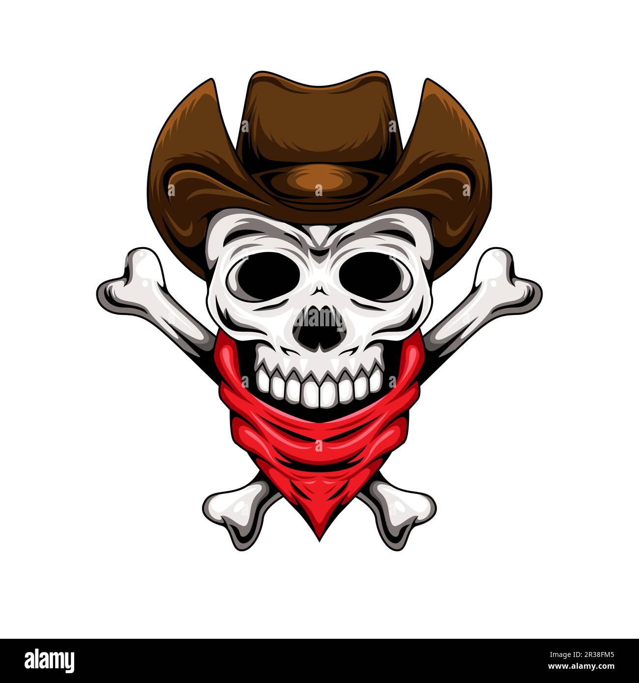 Illustrazione del carattere di cranio umano del cowboy con le ossa incrociate Illustrazione Vettoriale