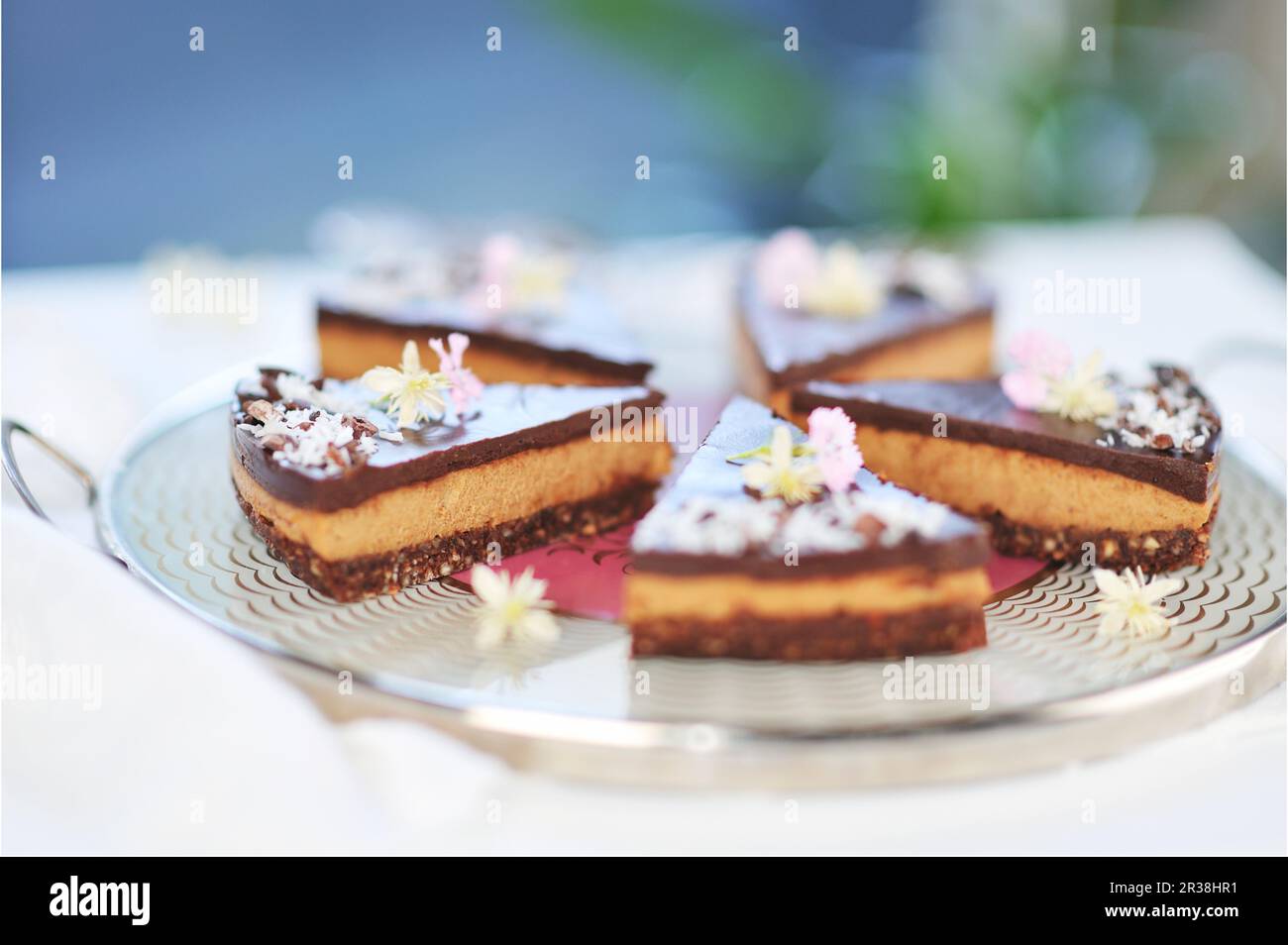 Fette di torta al cioccolato crudo con basi per datti di cocco, crema di semi di girasole e glassa al cioccolato (vegan) Foto Stock