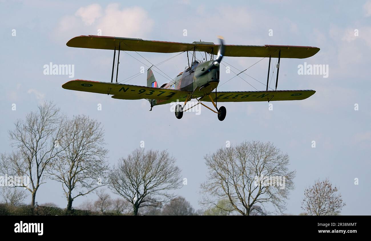 Tigermoth vintage UK biplano pilota di addestramento in azione. Foto Stock