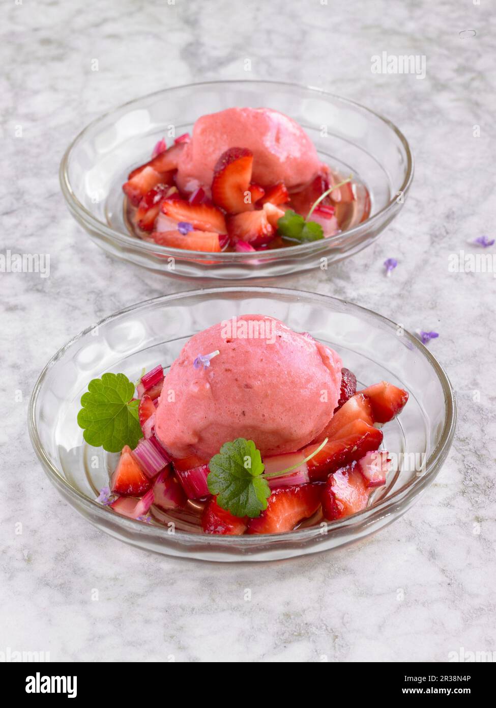 Gelato alla fragola con composta di fragole e rabarbaro e edera macinata Foto Stock