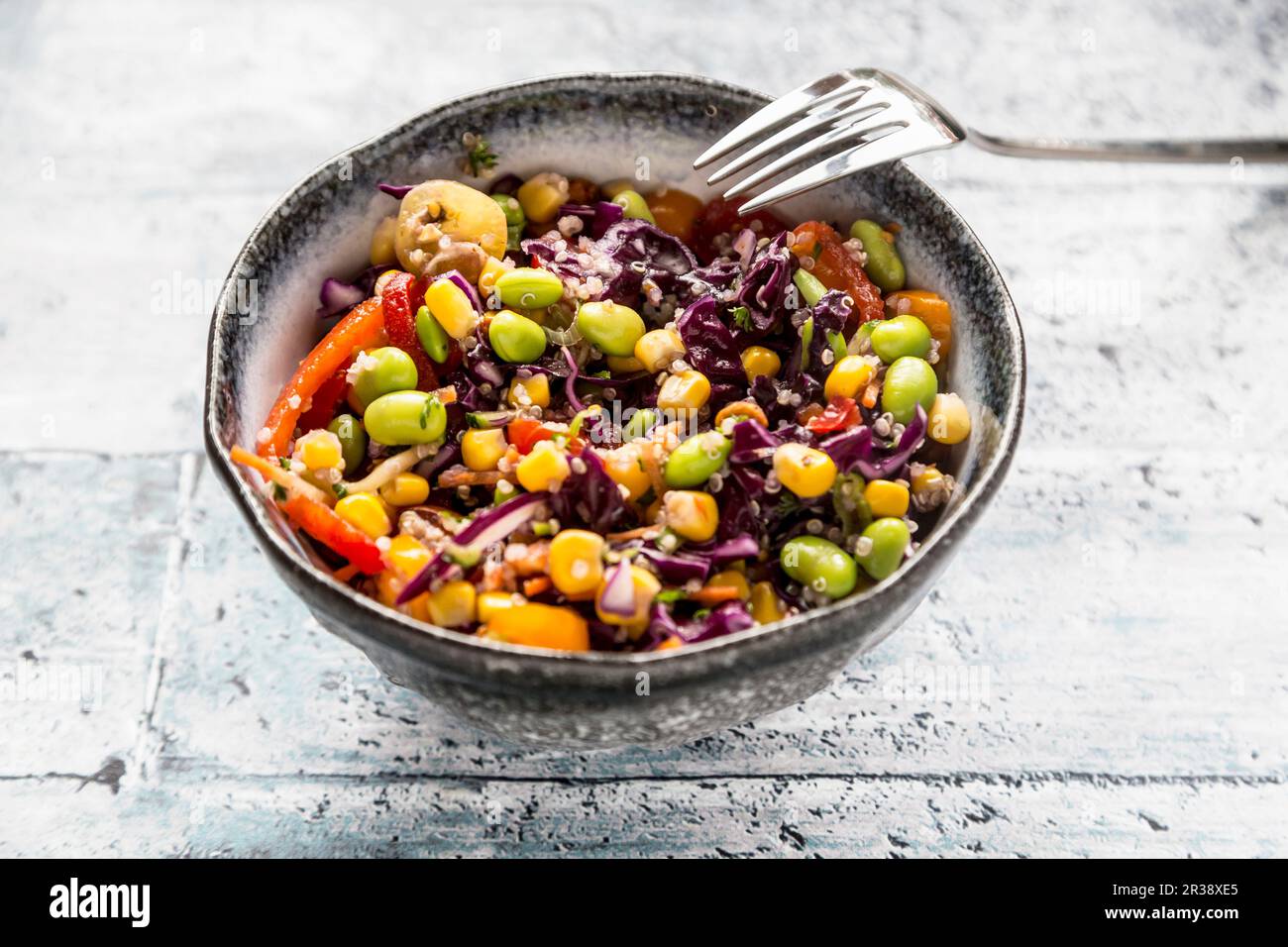 Insalata di quinoa colorata con pomodori, mais dolce, edamame, cavolo rosso, ceci torrefatti e carote Foto Stock