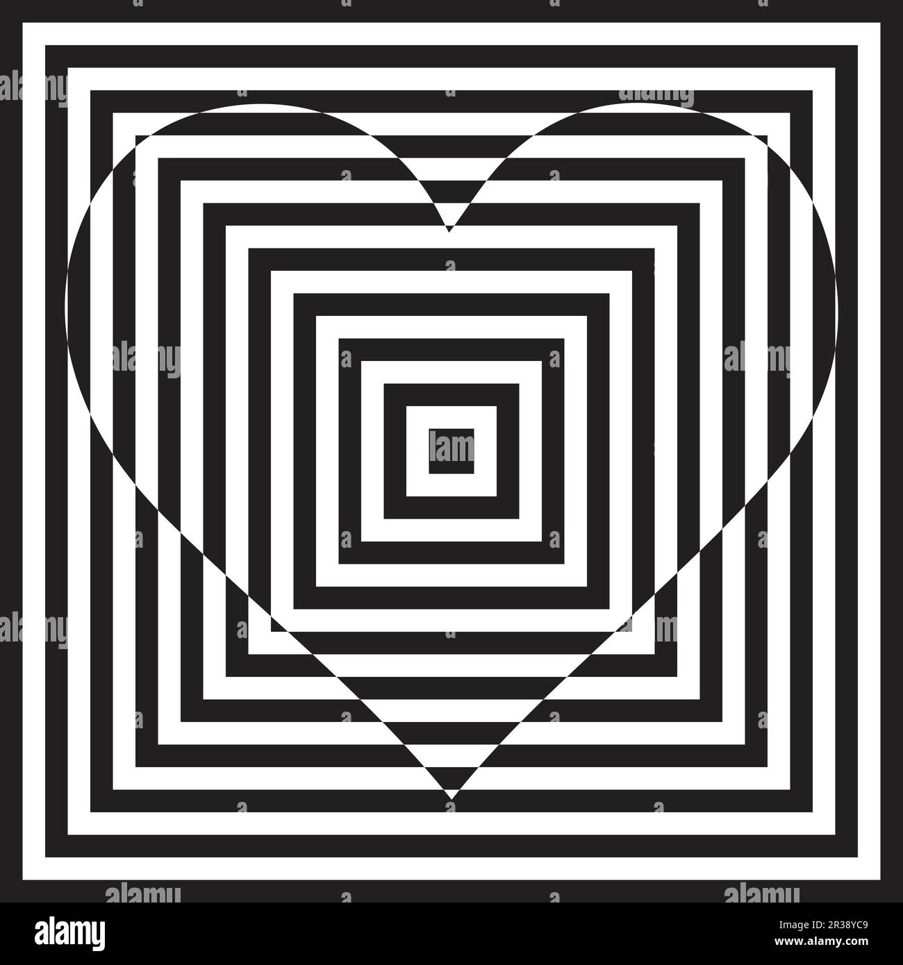 Sfondo astratto a motivi geometrici con cuore bianco e nero e forme quadrate Illustrazione Vettoriale