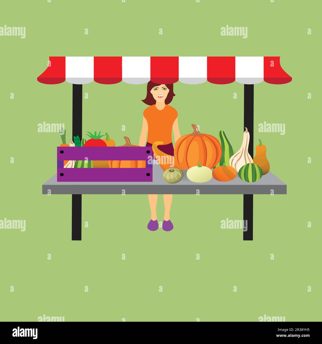 Donna in una stalla all'aria aperta con vendita al banco di verdure, concetto di mercato all'aria aperta Illustrazione Vettoriale