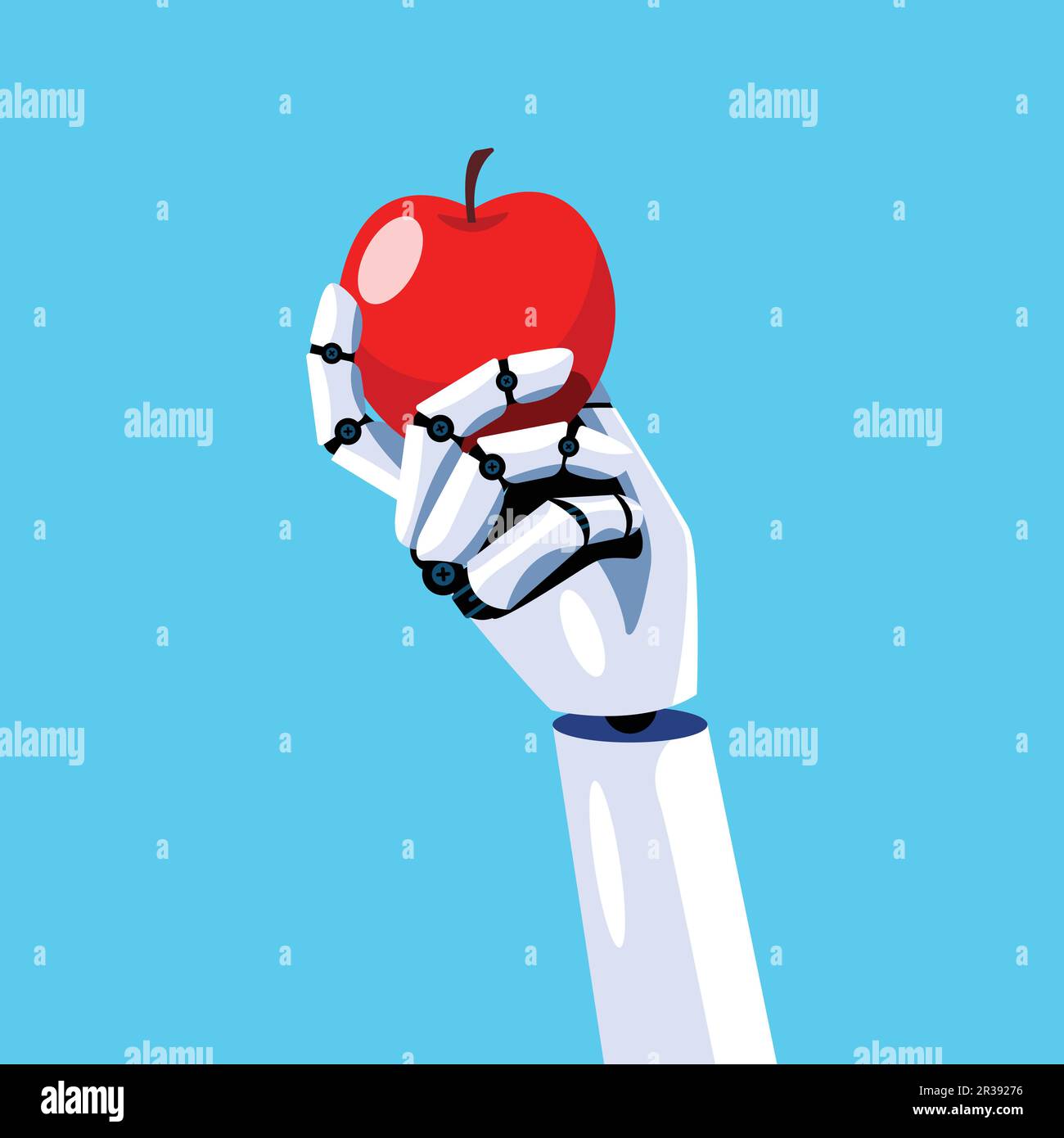 La mano del robot sta tenendo una mela. Concetto di apprendimento automatico. Intelligenza artificiale. Illustrazione vettoriale Illustrazione Vettoriale