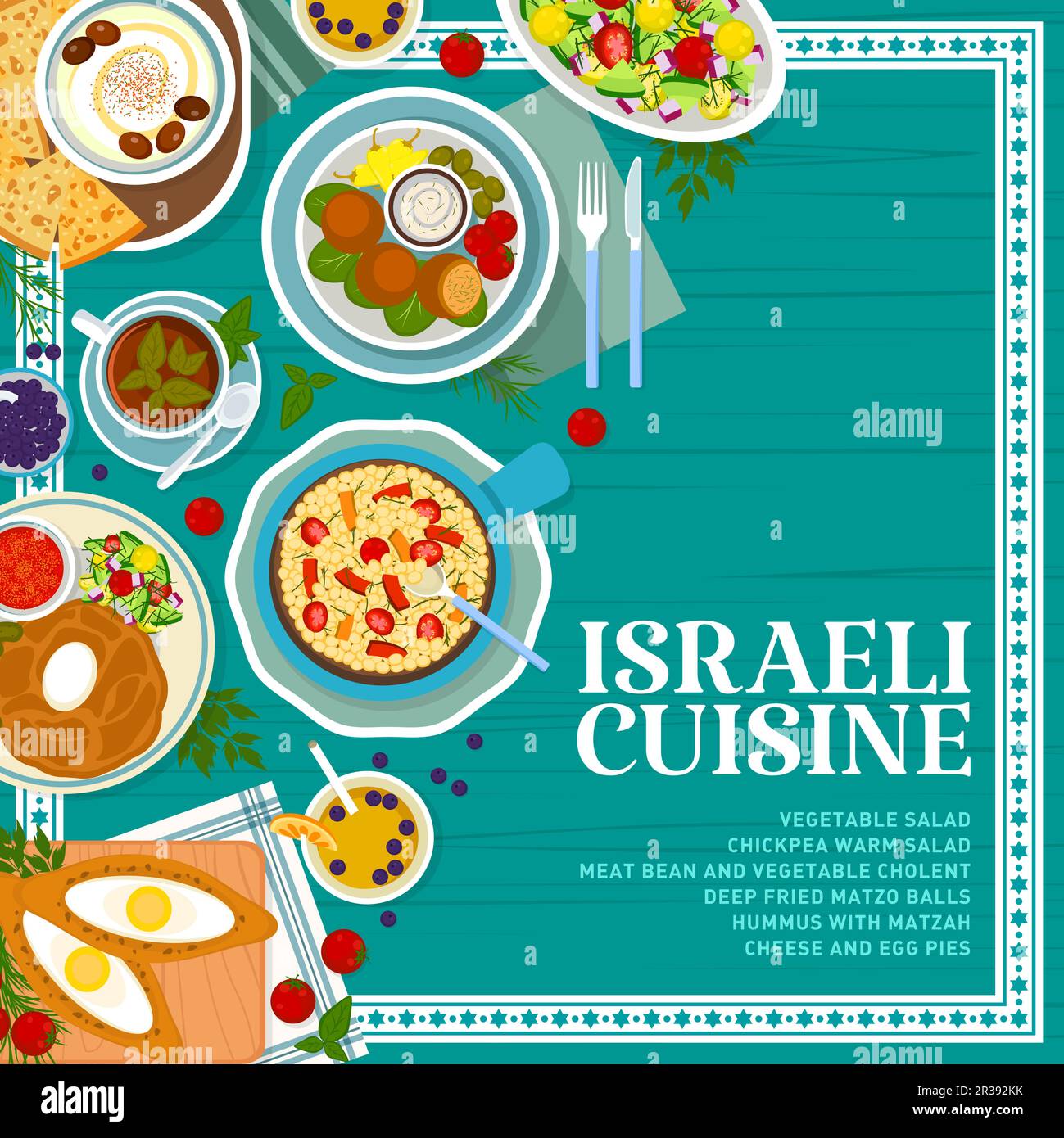 Modello di copertina del menu dei pasti della cucina israeliana. Torte di formaggio e uova, palle di matzo fritte e cholent di fagioli di carne e verdure, hummus con matzah, insalata di verdure e ceci, limonata, tè nero Illustrazione Vettoriale