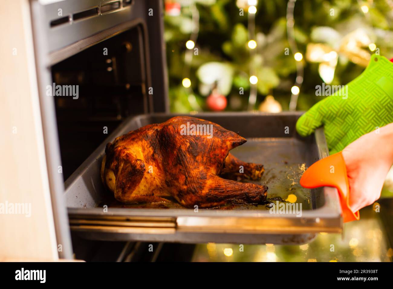 Le mani si avvicinano nel grembiule cucinando pollo intero alla griglia Foto Stock