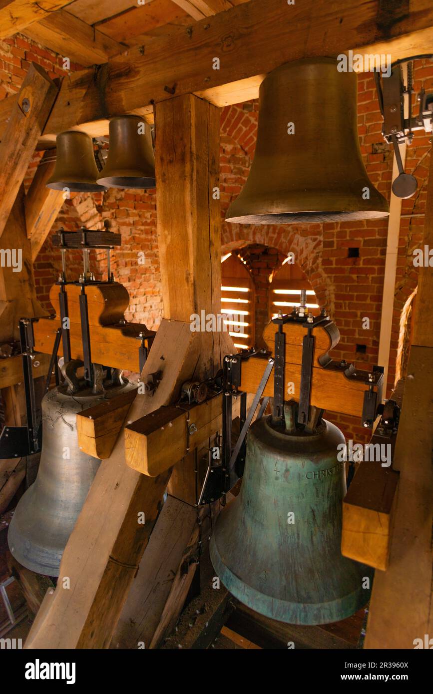 Campane di St. Marien Church, Country Town Waren, Mueritz, Mecklemburgische Seenplatte, Meclemburgo-Pomerania occidentale, Germania Est Europa Foto Stock