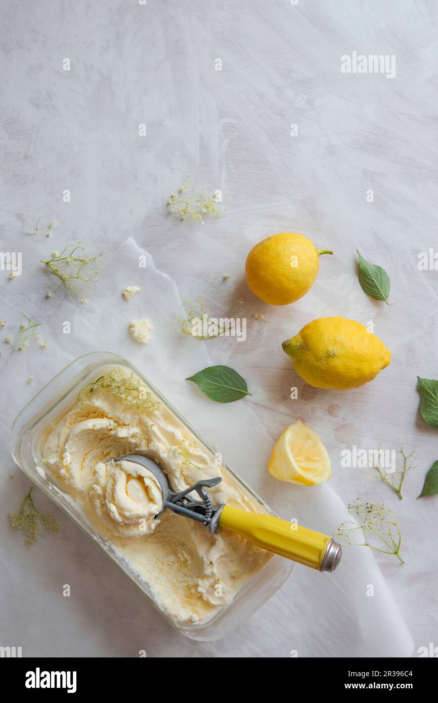 Gelato al limone e ai fiori di sambuco con una paletta per gelato Foto Stock