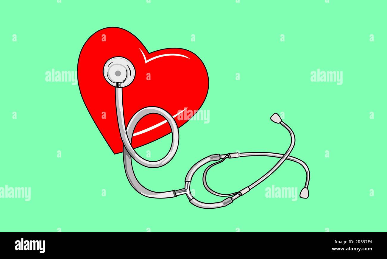 Stetoscopio medico e cuore. Simbolo di assistenza sanitaria, illustrazione vettoriale. Foto Stock