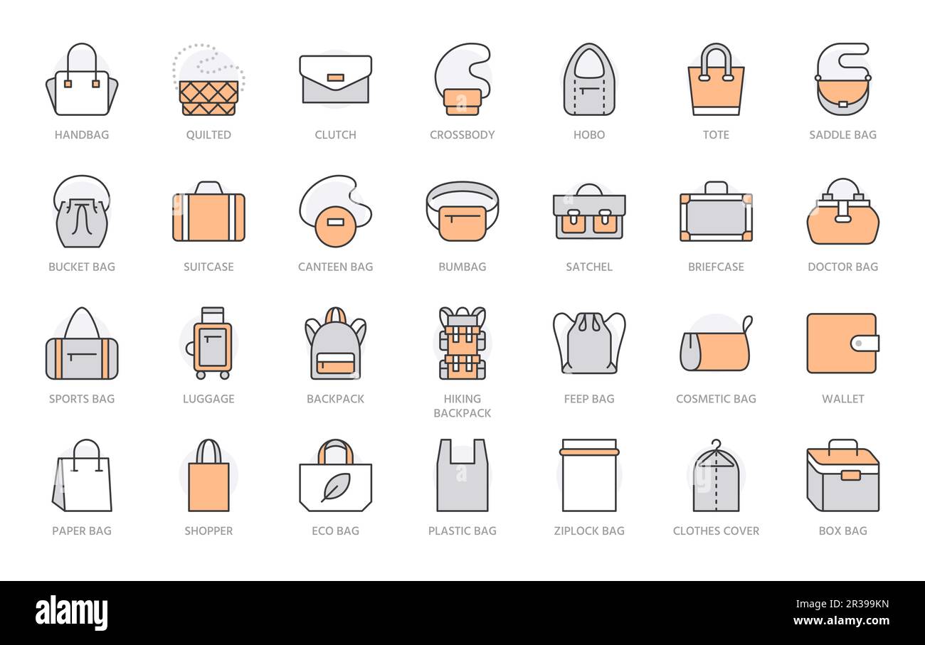 Set di icone linea sacchetti. Tipi di borsetta - borsa, valigetta, fanny pack, shopper, bagagli, busta di plastica illustrazioni vettoriali minime. Semplici segni di contorno per Illustrazione Vettoriale