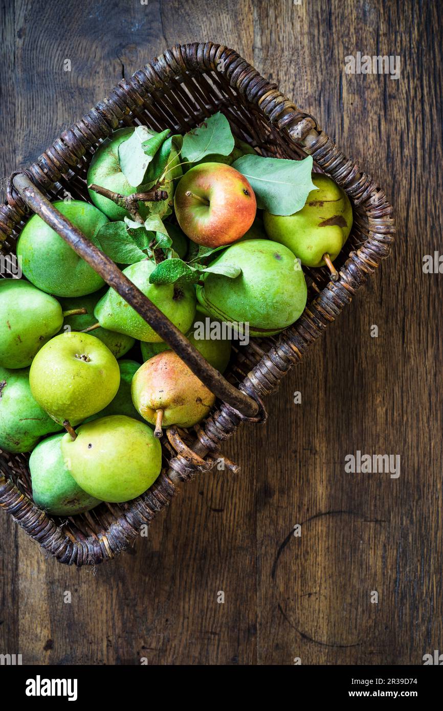 Pere da giardino e una mela in un cestino Foto Stock