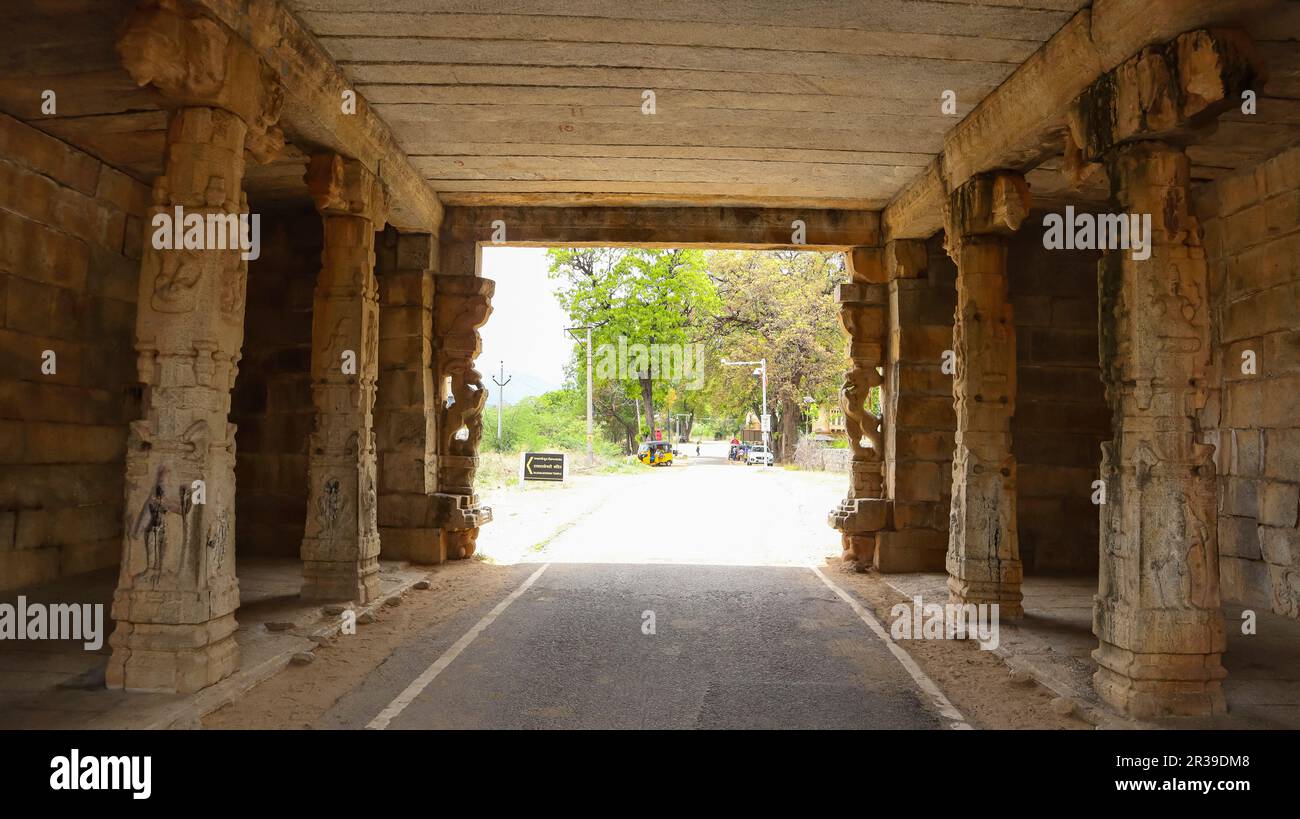 Dio indù e sculture della Dea sulle colonne della porta d'ingresso, Chandragiri Fort, Tirupati, Andhra Pradesh, India. Foto Stock