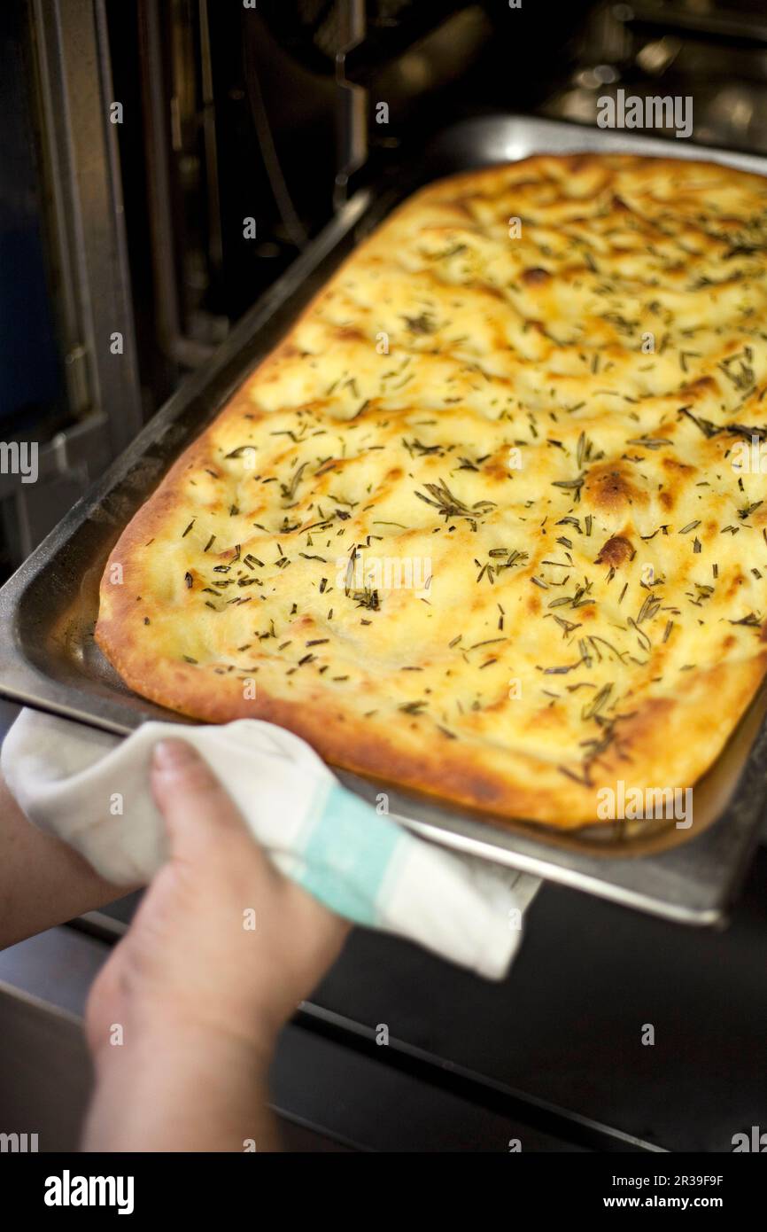 Foccaia appena cotta che esce dal forno Foto Stock