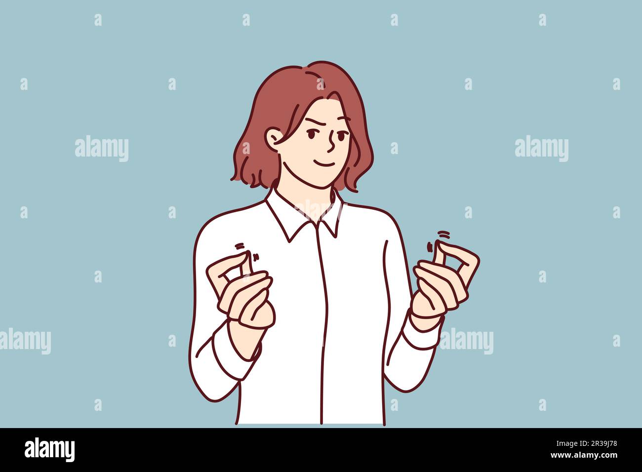 Donna sneaky che mostra il gesto di denaro che vuole denaro contante per lobbying o ottenere informazioni interne. Ragazza sneaky con espressione egoista saluta per ricevere la tangente per il concetto anti-corruzione Illustrazione Vettoriale