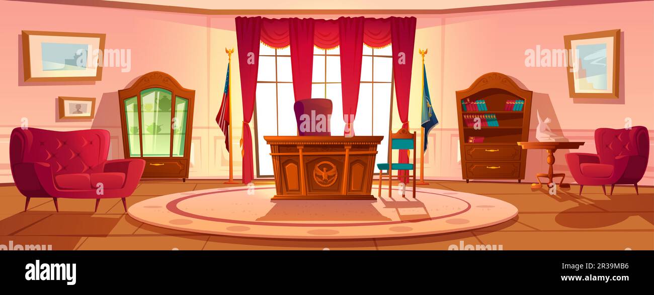 Ufficio ovale in Casa Bianca di giorno. Vector Cartoon interno vuoto di armadio americano presedent con mobili vintage in legno, sedia in pelle, scrivania retrò e bandiera degli Stati Uniti Illustrazione Vettoriale