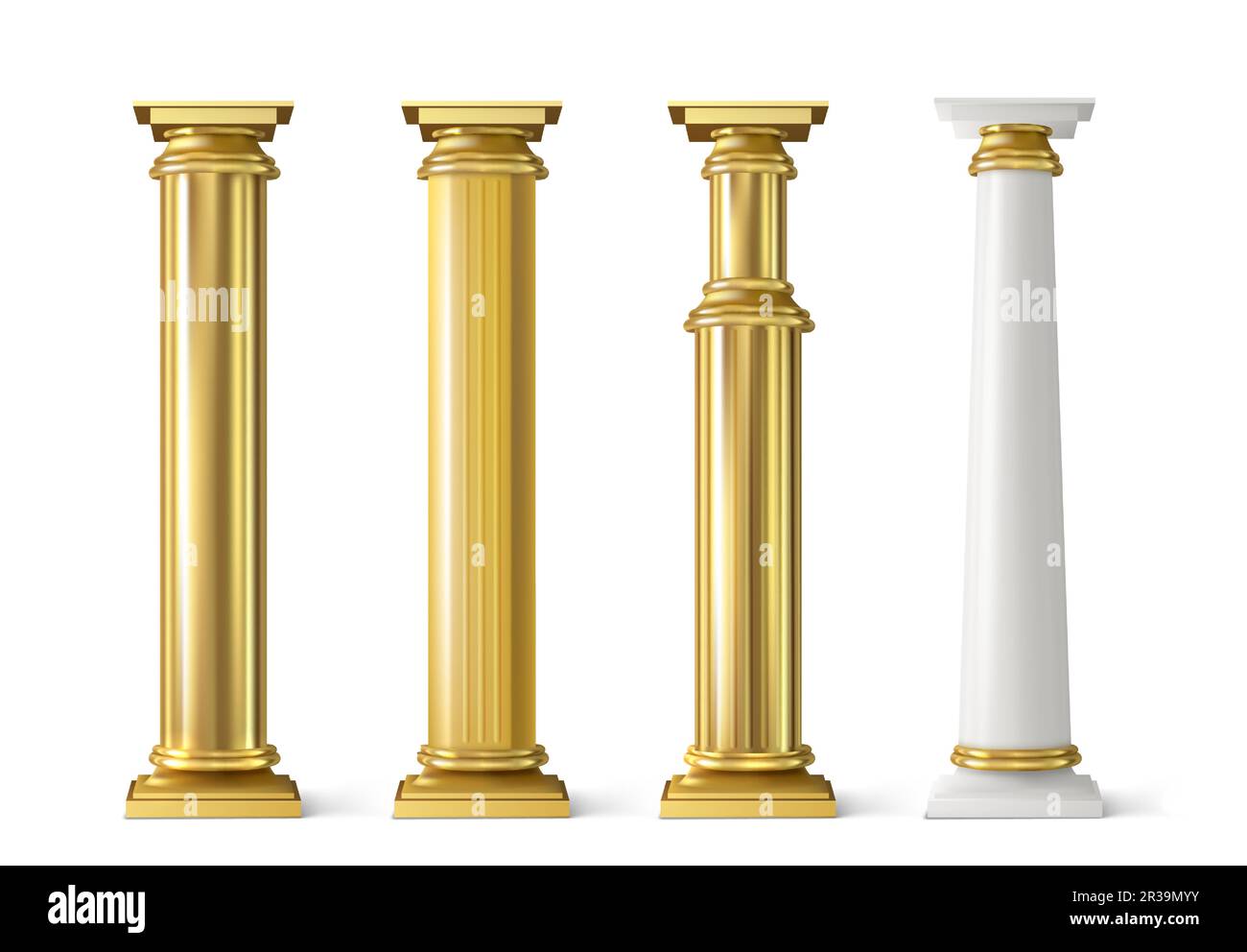 Antico set di colonne d'oro. Antiche colonne con texture decorative dorate isolate su sfondo bianco. Decorazione della facciata romana o greca, elementi di architettura di lusso, rappresentazione vettoriale 3D realistica Illustrazione Vettoriale