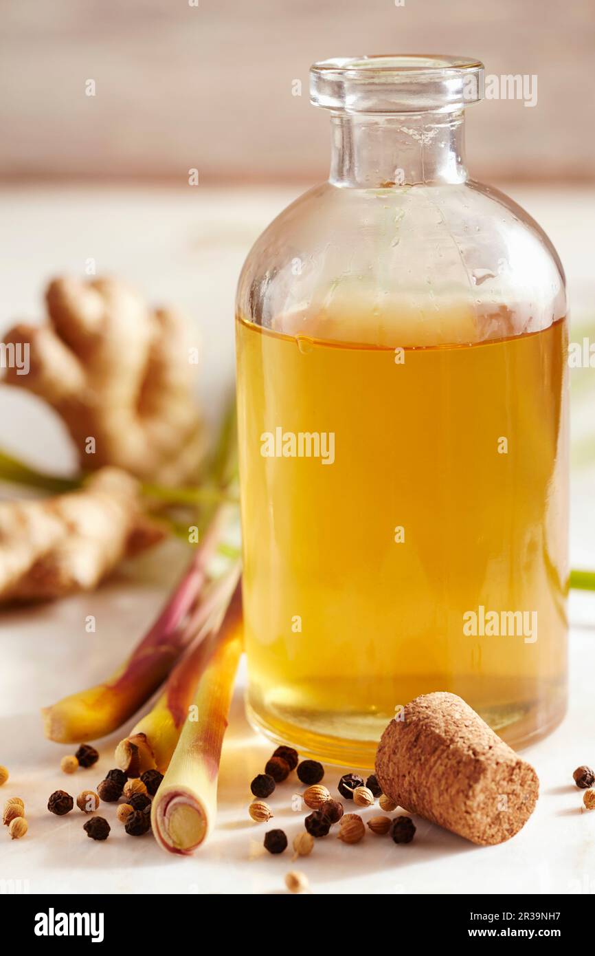 Aceto di limongrass fatto in casa con zenzero, senape e coriandolo Foto Stock