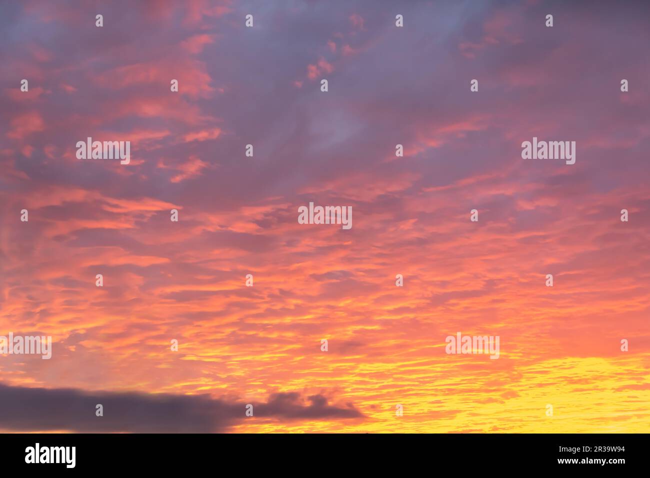 Bel cielo arancione con nuvole al tramonto, rimpiazzamento del cielo, sfondo della natura Foto Stock