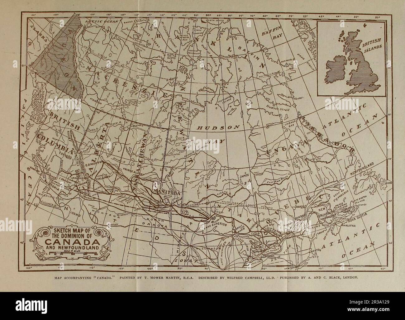 Mappa di schizzo del dominio del Canada e dell'acquerello di Terranova di Thomas Mower Martin dal libro ' Canada ' di Wilfred Campbell, pubblicato nel 1907 da Adam e Charles Black a Londra Foto Stock