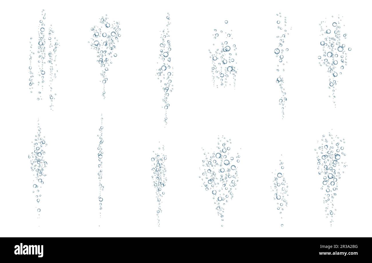 Le bolle d'aria di ossigeno fluiscono in acqua su sfondo bianco. Scintille frizzanti in mare, acquario. Soda pop. Champagne. Compressa effervescente. Vettore sottomarino te Illustrazione Vettoriale