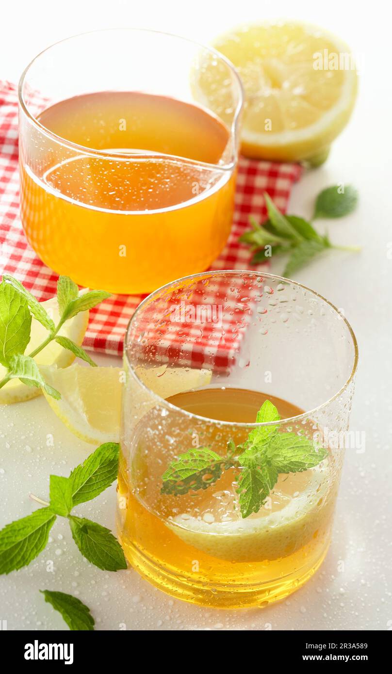 Sciroppo di balsamo al limone con acqua minerale e limone Foto Stock