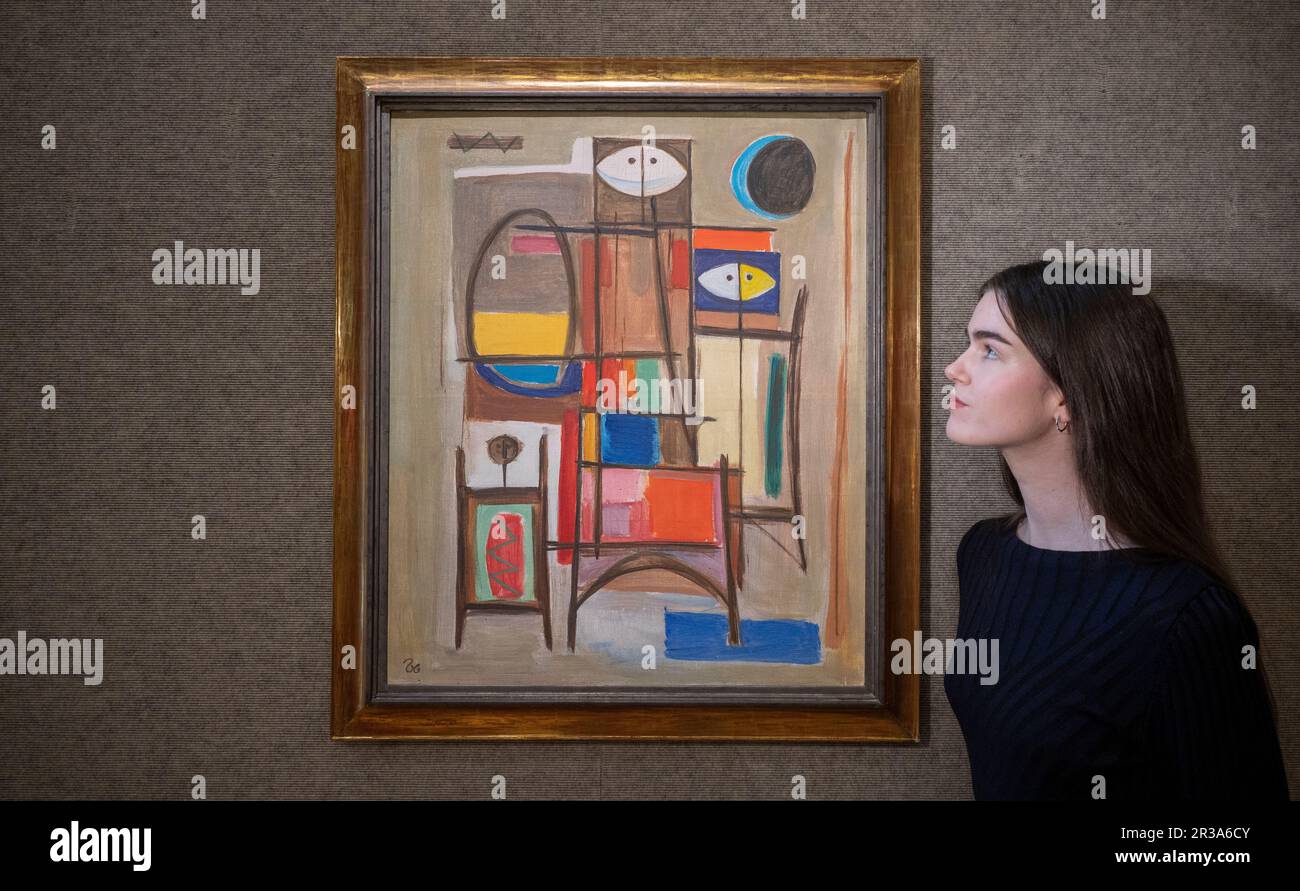 Bonhams, Londra, Regno Unito. 23rd maggio, 2023. Il 24 maggio si svolge il Modern & Contemporary Middle Eastern Art sale. Le attrazioni includono: Baghdadiyat, circa 1950s, di Faeq Hassan. Olio su tela. Stima: £60.000-100.000. Credit: Malcolm Park/Alamy Live News Foto Stock