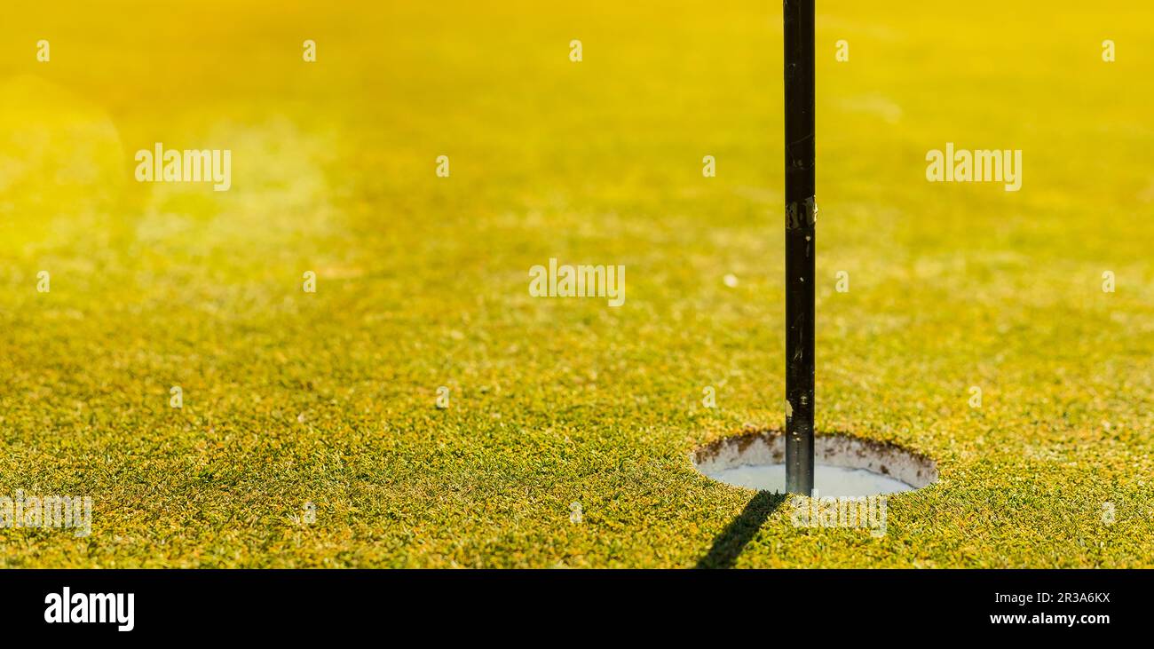 In prossimità di un campo da golf putting green il foro con la bandiera in pole nella luce del pomeriggio con ombra Foto Stock